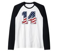 Number 14 USA Flag 14th Birthday Stars Stripes Sport America Raglan Baseball Tee