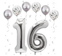 Number 16 balloons Silver，16 Balloons Birthday Boy Girl,40Inch Foil Number 1 & 6 Balloons with 6 Silver Metal and Confetti Helium Balloons for 16th 61th Year Old Birthday Decorations