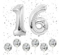 Number 16 Balloons Silver, 40Inch Large Foil Number 1 & 6 Balloons with 6 Silver Confetti Helium Balloons, 1st 6th 16th Birthday Balloon for Girls Boys Party Romantic Occasions Anniversary Decorations