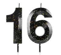 Number 16 Candles 16th Birthday Candles 3D Black Gold Happy Birthday Candle Premium Wax & 3D Diamond Design Cake Topper Decorations for Birthday Party Wedding Anniversary Celebration Supplie