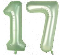 Number 17 Balloons, Sage Green 40 Inch Self Inflating, Large Foil Mylar Helium Olive Digital Balloons for 1st 7th 17th Birthday Anniversary Party