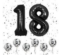 Number 18 Balloons Black, 40Inch Large Foil Number 1 & 8 Balloons with 6 Black Confetti Helium Balloons, 1st 8th 18th Birthday Balloon for Girls Boys Party Romantic Occasions Anniversary Decorations