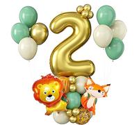 Number 2 Balloon Jungle 40 Inch Gold Number Balloons Giant Number Two Foil Balloon Tower Stand with Lion Fox Large Sage Green Gold Digital Balloon Stack for Boy Girl Second 2nd Wild Two Birthday Party