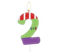 Number 2 Candles for Children's Party - Green, Purple, White - Cartoon Buzz Plane Theme