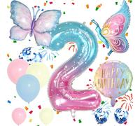 Number 2 Foil Balloons Set, Blue Pink 2nd Birthday Party Balloon, Girls Butterfly Balloons, Decorations Supplies for Baby Shower Decorations School Party Celebration (Number 2)