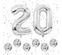Number 20 Balloons Silver, 40Inch Large Foil Number 2 & 0 Balloons with 6 Silver Confetti Helium Balloons, 2nd 20th Birthday Balloon for Girls Boys Party Romantic Occasions Anniversary Decorations