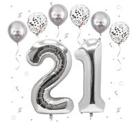 Number 21 balloons Silver,21 Balloons Birthday Boy Girl,40Inch Foil Number 1 & 2 Balloons with 6 Silver Metal and Confetti Helium Balloons for 21th 12th Year Old Birthday Decorations