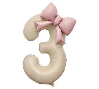 Number 3 Balloon, 40 Inch Beige Foil Number Balloon with 21 Inch Pink Bow Balloon and Glue Dots, Giant Birthday Number Balloons for Girls' Party Decorations