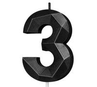 Number 3 Birthday Candle, Black Number 3 Cake Candle, 3rd Birthday Candle Set, Premium Faceted Number Candles, Birthday Cake Candles for Boys Girls Adults, Anniversary Cake Decoration