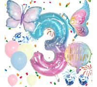 Number 3 Foil Balloons Set, Blue Pink 3rd Birthday Party Balloon, Girls Butterfly Balloons, Decorations Supplies for Baby Shower Decorations School Party Celebration (Number 3)