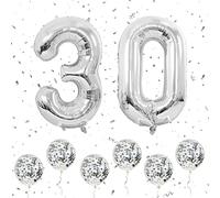 Number 30 Balloons Silver, 40Inch Large Foil Number 3 & 0 Balloons with 6 Silver Confetti Helium Balloons, 3rd 30th Birthday Balloon for Men Women Party Romantic Occasions Anniversary Decorations