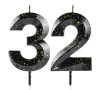 Number 32 Candles 32nd Birthday Candles 3D Black Gold Happy Birthday Candle Premium Wax & 3D Diamond Design Cake Topper Decorations for Party Wedding Anniversary Celebration Supplie