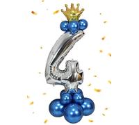 Number 4 Balloon, 4th Birthday Decorations Boy, 4th Birthday Balloons - Silver Number Set with Metallic Blue Latex Balloons and Gold Crown for Prince 4 Years Old Party Decorations - 14 PCS