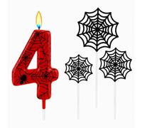 Number 4 Birthday Cake Candle and Web Topper Set, Red and Black, 4-Piece | Includes 1 integrated pick and 3 clear-stem decorations, for themed 4th birthday parties, home cakes and venue displays
