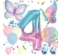 Number 4 Foil Balloons Set, Blue Pink 4th Birthday Party Balloon, Girls Butterfly Balloons, Decorations Supplies for Baby Shower Decorations School Party Celebration (Number 4)