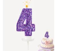 Number 4 Purple Glittery Birthday Candle, Dual Face Number 4 Candles | 4th Number Candles for Cakes, Birthday Decorations for Little Girls 4th Birthday anniversary & Holiday Celebration Decor