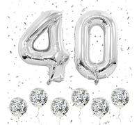Number 40 Balloons Silver, 40Inch Large Foil Number 4 & 0 Balloons with 6 Silver Confetti Helium Balloons, 4th 40th Birthday Balloon for Men Women Party Romantic Occasions Anniversary Decorations