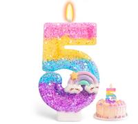 Number 5 Candle, Shiny Macaro Gradient Rainbow 5 Birthday Candle, Cake Topper Decorations for Girl 5th Birthday Women Anniversary Celebrations Cake Decor