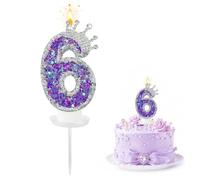 Number 6 Candle, Double Double-Sided Glitter, K-pop Music and Princess Themed Number 6 Candle with Shiny Sequins Crown, Wonderful for Girls 6th Birthday Party Decorations