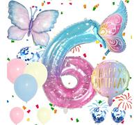 Number 6 Foil Balloon Set, Blue Pink 6th Birthday Party Balloon, Girls Butterfly Balloons, Decorations Supplies for Baby Shower Decorations School Party Celebration (Number 6)