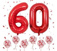 Number 60 Balloons Red, 40Inch Large Foil Number 6 & 0 Balloons with 6 Red Confetti Helium Balloons, 6th 60th Birthday Balloon for Men Women Party Romantic Occasions Anniversary Decorations