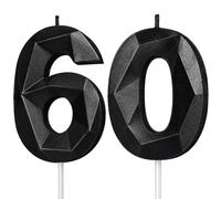 Number 60 Birthday Candles, Black Number 60 Cake Candles, 60th Birthday Candle Set, Premium Faceted Number Candles, Birthday Cake Candles for Boys Girls Adults, Anniversary Cake Decoration