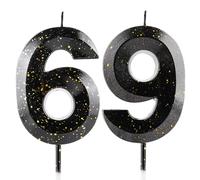 Number 69 Candles 69th Birthday Candles 3D Black Gold Happy Birthday Candle Premium Wax & 3D Diamond Design Cake Topper Decorations for Party Wedding Anniversary Celebration Supplie