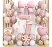 Number 7 Balloon, Blush Light Pink Gold Beige White Sand Latex Balloons 40 Inch 7 Birthday Balloons Bow Heart Foil Balloon with Ribbon Bow for Boho Girls 7th Birthday Anniversary Party Decorations
