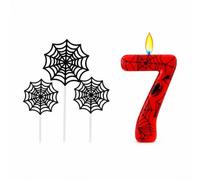 Number 7 Birthday Cake Candle with Web Cake Toppers, Red and Black, 4-Piece | Spider graphics, 3 decorations mounted on clear stems, for decorating a celebration cake at home or on a party table