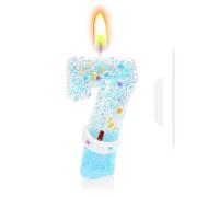 Number 7 Birthday Candle, Nautical Blue Number Candle for Cake, 7st Birthday Cake Topper with Integrated Candlestick, Ocean Theme Party Decorations for Boys First Birthday, Wedding & Family Gathering