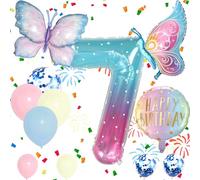 Number 7 Foil Balloons Set, Blue Pink 7th Birthday Party Balloon, Girls Butterfly Balloons, Decorations Supplies for Baby Shower Decorations School Party Celebration (Number 7)