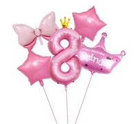 Number 8 Balloon, 8th Birthday Decorations, Princess Crown Balloon Set - Pink 40 Inch Foil Number 8 with Gold Crown Design, 89cm Bow, 82cm Crown Princess Balloon, 2x18 Inch Star Balloons for Girls Bir