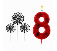 Number 8 Birthday Cake Candle with 3 Spider-Web Toppers, Red and Black | Clear picks, matching web and spider motifs, 4-piece decoration set, for home celebrations and spooky party displays