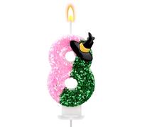 Number 8 Candle, Glitter Pink Green Witch Themed Birthday Candle with Hat Decoration, Number 8 Candle, Cupcake Cake Topper Decor for Birthday Party Anniversary Celebration Party Decoration