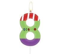 Number 8 Cartoon Buzz Plane Candles - Green, Purple, White, Children's Party Cake Decoration