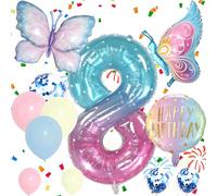 Number 8 Foil Balloons Set, Blue Pink 8th Birthday Party Balloon, Girls Butterfly Balloons, Decorations Supplies for Baby Shower Decorations School Party Celebration (Number 8)