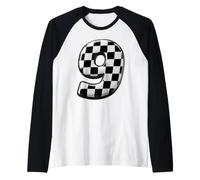 Number 9 Checkered Flag Birthday Boy Race Car Party Pit Crew Raglan Baseball Tee