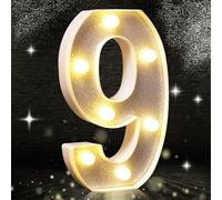 Number 9 Led Light, Silver Glitter LED Light, Glitter Number Lights, Suitable for Birthday Party Decoration, Baby Shower,Wedding Background Home Decoration, 8.5 Inch Silver Number 9(Warm White)