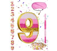Number 9 Piñata with Stick, Blindfold & Confetti-Pink Piñata for Birthday Parties, Complete Party Game Set for Kids Girls-Gradient Pink Birthday Decor with Fillable Design(Small, 16.5 x 11.5 x 3 In)
