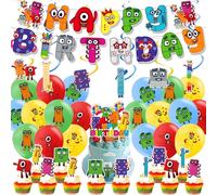 Number Birthday Decorations, 40PCS Blocks Theme Party Decorations with Happy Birthday Banner Balloons Cake Topper Cupcake Toppers Spiral Decorations for Kids Decoration Supplies
