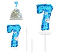 Number Candles for Cakes, Happy Birthday Number Candles Glitter, Blue Birthday Numeral Cake Toppers Candles with Shell and Sequins for Birthday Wedding Anniversary Party Cake Decorations (Number 7)