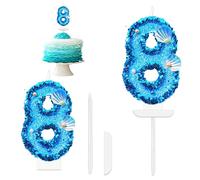 Number Candles for Cakes, Happy Birthday Number Candles Glitter, Blue Birthday Numeral Cake Toppers Candles with Shell and Sequins for Birthday Wedding Anniversary Party Cake Decorations (Number 8)