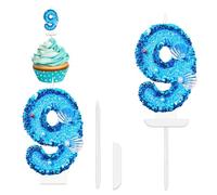 Number Candles for Cakes, Happy Birthday Number Candles Glitter, Blue Birthday Numeral Cake Toppers Candles with Shell and Sequins for Birthday Wedding Anniversary Party Cake Decorations (Number 9)