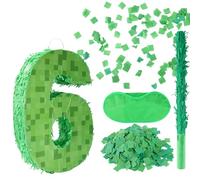 Number Mini Pixel Piñata, Green Pixel Birthday Party Decorations with Stick Blindfold Confetti Piñata Party Set for Birthday Decorations (6)