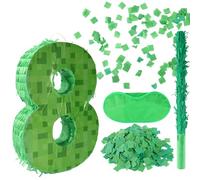 Number Mini Pixel Piñata, Green Pixel Birthday Party Decorations with Stick Blindfold Confetti Piñata Party Set for Birthday Decorations (8)