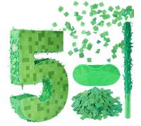 Number Mini Pixel Piñata, Green Pixel Birthday Party Decorations with Stick Blindfold Confetti Piñata Party Set for Birthday Decorations (5)