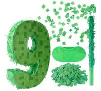 Number Mini Pixel Piñata, Green Pixel Birthday Party Decorations with Stick Blindfold Confetti Piñata Party Set for Birthday Decorations (9)