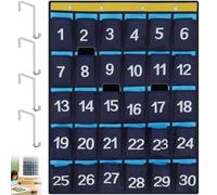 Numbered Hanging Organiser with 4 Hooks, Classroom Pocket Chart for Cell Phones, Wall Storage Bag Over the Door with Numbers, Calculator Holder, Closet Hanging Organizer for Home, Office (30 Pockets)