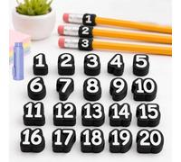 Numbered Pencil Toppers 1-20, Reusable Pencil Number Labels & Tracking Markers for Teacher Classroom Organization, Flexible Slip-On Identifier Caps for School Supply Stations, Student Rewards (Black)