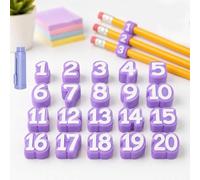 Numbered Pencil Toppers 1-20, Reusable Pencil Number Labels & Tracking Markers for Teacher Classroom Organization, Flexible Slip-On Identifier Caps for School Supply Stations, Student Rewards (Purple)